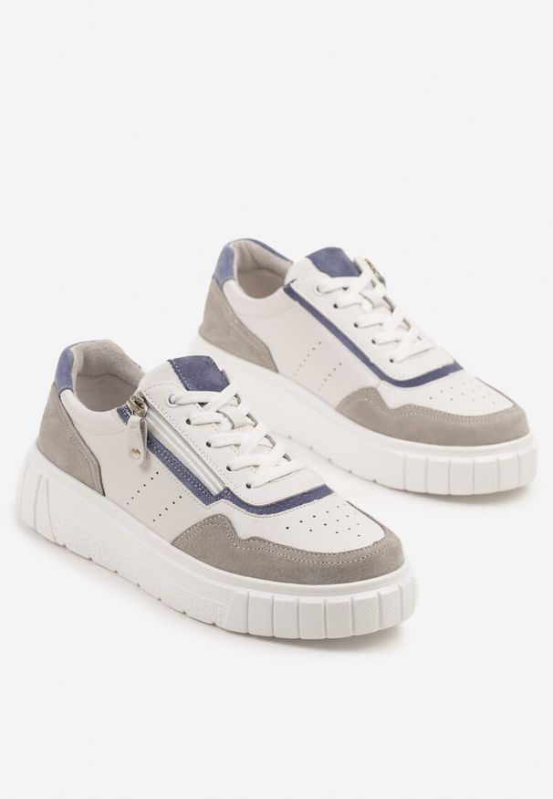 Born2be - Białe Sneakersy Skórzane na Niskiej Platformie z Suwakiem Sorlane. Okazja: na co dzień. Kolor: biały. Materiał: skóra. Obcas: na platformie