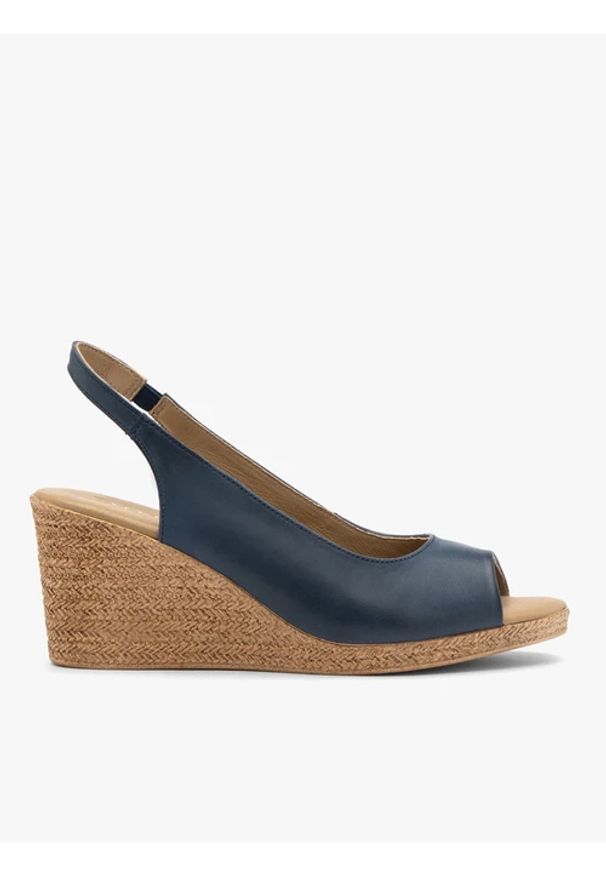 Ryłko - Granatowe sandały damskie na sznurkowym obcasie. Nosek buta: otwarty. Kolor: niebieski. Materiał: skóra. Obcas: na obcasie. Styl: street. Wysokość obcasa: średni