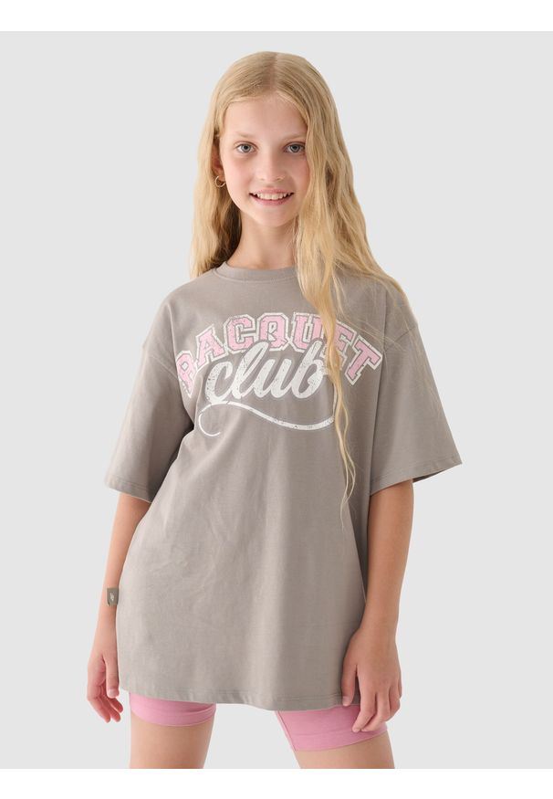 4f - 4F T-shirt z nadrukiem dziewczęcy - szary 158 (12-13 lat). Okazja: na co dzień. Kolor: szary. Materiał: bawełna, jersey, dzianina. Długość rękawa: krótki rękaw. Długość: krótkie. Wzór: nadruk. Sezon: lato. Styl: sportowy, klasyczny, casual