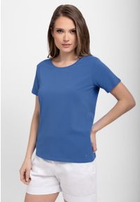 Volcano - Elastyczna koszulka basic T-ANA. Okazja: na co dzień. Kolor: niebieski. Materiał: bawełna, materiał. Długość rękawa: krótki rękaw. Długość: krótkie. Wzór: gładki. Styl: klasyczny, casual, elegancki #1