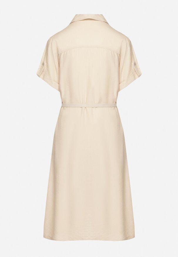 Born2be - Beżowa Wiskozowa Sukienka o Koszulowym Kroju z Paskiem Nelavyn. Okazja: do pracy, na co dzień. Kolor: beżowy. Materiał: wiskoza. Długość rękawa: krótki rękaw. Typ sukienki: koszulowe. Styl: elegancki, casual