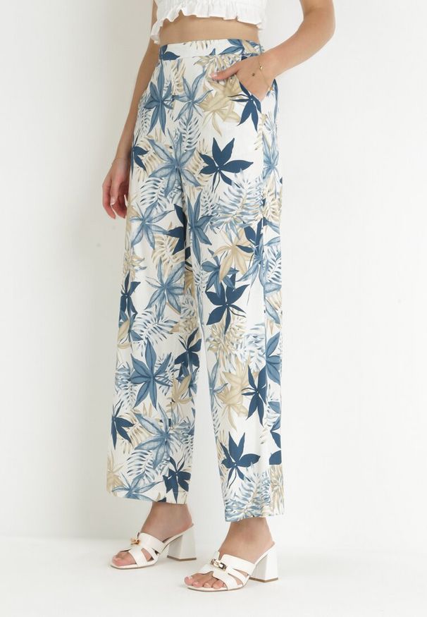 Born2be - Niebieskie Szerokie Spodnie z Wysokim Stanem i Gumką w Pasie w Bawełny Eliphne. Stan: podwyższony. Kolor: niebieski. Materiał: bawełna. Długość: długie. Sezon: wiosna, lato