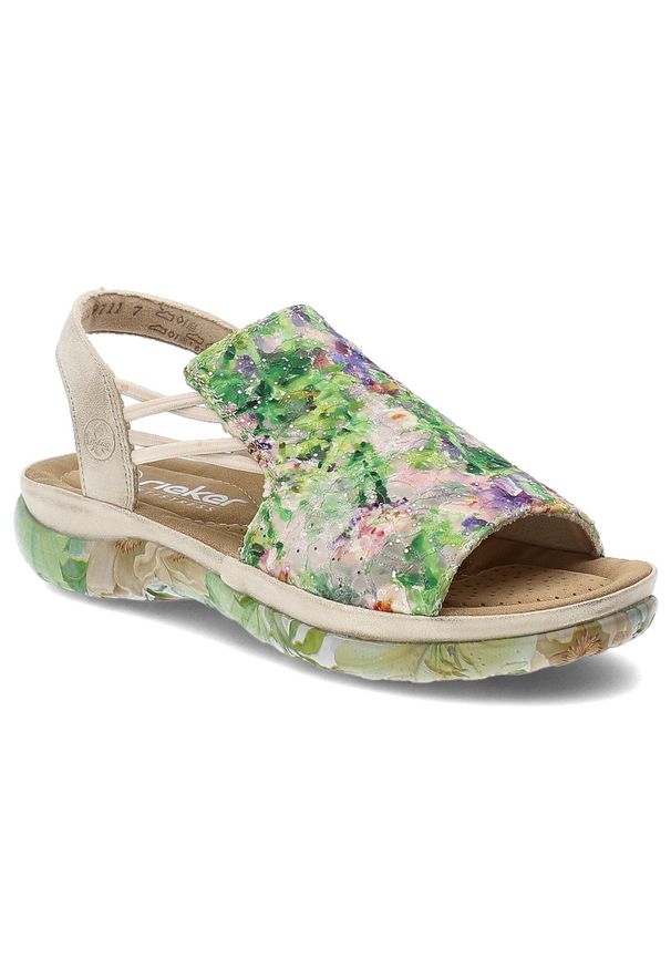 Sandały damskie Rieker, cholewka ze skóry ekologicznej z materiałowym wnętrzem i wsuwane, kolorowe, 64841-90. Zapięcie: bez zapięcia. Kolor: zielony. Materiał: materiał, skóra ekologiczna. Wzór: kolorowy