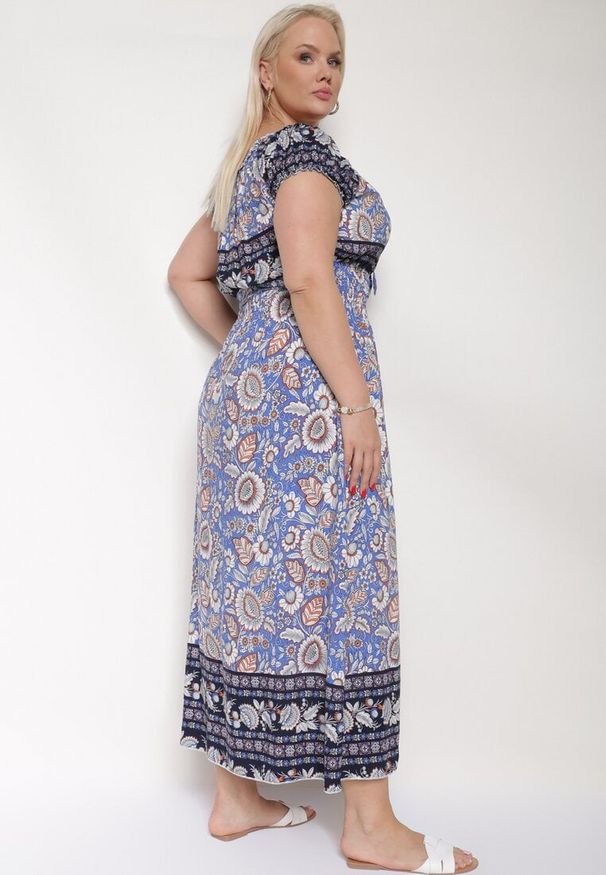 Born2be - Fioletowa Bawełniana Sukienka z Gumką w Talii i Wiązanym Dekoltem Emetta. Okazja: na co dzień. Kolor: fioletowy. Materiał: bawełna. Styl: elegancki, casual