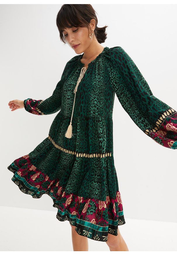 bonprix - Sukienka tunikowa z lejącej wiskozy. Kolor: zielony. Materiał: wiskoza. Wzór: nadruk. Sezon: lato
