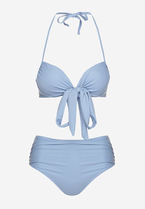 Renee - Jasnoniebieskie Bikini Wiązany Biustonosz i Majtki Typu Figi Fevarelia. Stan: podwyższony. Kolor: niebieski. Wzór: haft