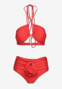 Born2be - Czerwone Bikini 2-Częściowe Stanik Wiązany na Szyi Figi z Podwyższonym Stanem Tegelia. Stan: podwyższony. Kolor: czerwony. Wzór: aplikacja