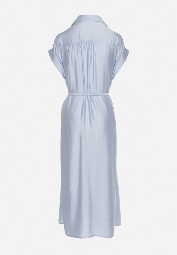 Born2be - Niebieska Koszulowa Sukienka na Guziki z Materiałowym Paskiem w Talii Qisofia. Okazja: na co dzień, na imprezę. Typ kołnierza: dekolt w kształcie V. Kolor: niebieski. Materiał: materiał. Typ sukienki: koszulowe. Styl: elegancki, klasyczny, casual