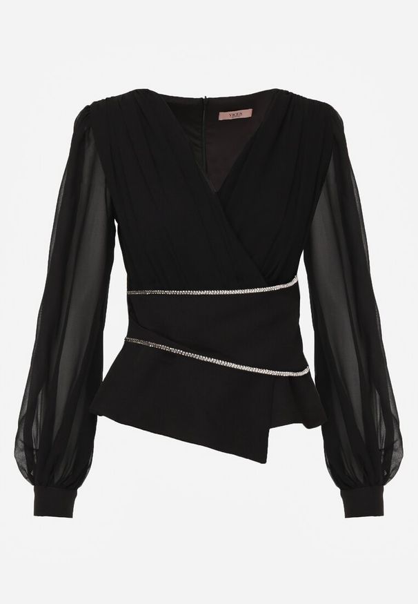 Renee - Czarna Bluzka VICES w Kopertowym Stylu z Luźnymi Transparentnymi Rękawami i Dekoltem V Inge. Okazja: na co dzień, na komunię. Kolor: czarny. Materiał: jeans. Styl: casual, elegancki
