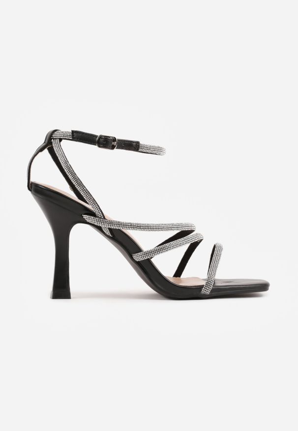Born2be - Czarne Eleganckie Sandały na Szpilce Ozdobione Cyrkoniowymi Paskami Vikiaele. Zapięcie: pasek. Kolor: czarny. Wzór: aplikacja. Obcas: na szpilce. Styl: elegancki
