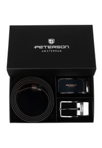Zestaw prezentowy: dwustronny pasek skórzany w brązowym i czarnym kolorze Peterson PTN KL-B016S001. Kolor: czarny, wielokolorowy, brązowy. Materiał: skóra. Styl: elegancki #1