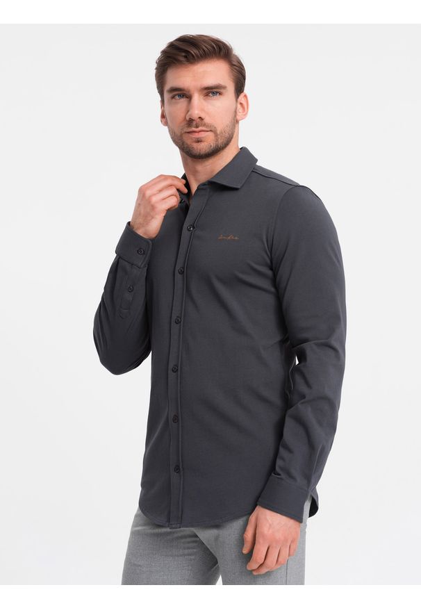 Ombre Clothing - Męska bawełniana koszula REGULAR z dzianiny single jersey - grafitowa V6 - Rozmiar: L. Kolor: szary. Materiał: dzianina, jersey, bawełna. Wzór: kolorowy, haft