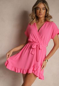 Renee - Fuksjowa Sukienka o Rozkloszowanym Kroju z Paskiem i Falbanami Addea. Kolor: różowy. Typ sukienki: rozkloszowane. Styl: elegancki #4