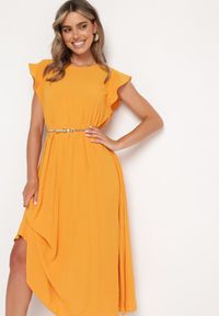 Born2be - Pomarańczowa Plisowana Sukienka z Krótkim Rękawem Nlea. Kolor: pomarańczowy. Długość rękawa: krótki rękaw #7