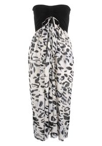 Sukienka plażowa z dekoltem bandeau bonprix czarno-biały z nadrukiem. Okazja: na plażę. Kolor: czarny. Wzór: nadruk #1