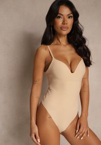 Renee - Beżowe Body Modelujące Halatila. Okazja: na co dzień. Kolor: beżowy. Materiał: jeans. Długość rękawa: na ramiączkach. Styl: elegancki, casual