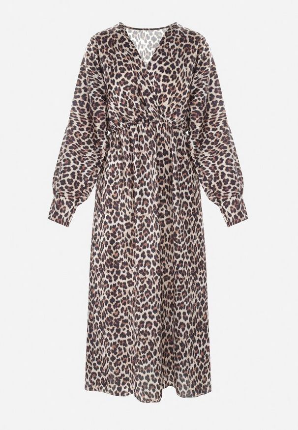 Born2be - Beżowo-Brązowa Sukienka w Panterkę z Kopertowym Dekoltem Caka. Okazja: na co dzień. Kolor: beżowy. Długość rękawa: długi rękaw. Wzór: motyw zwierzęcy. Typ sukienki: kopertowe. Styl: elegancki, casual, rockowy
