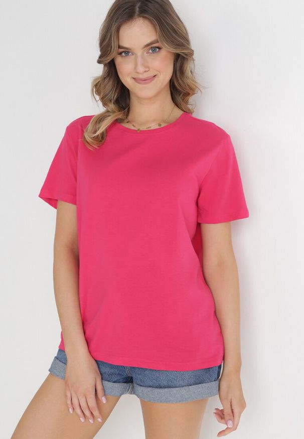 Born2be - Fuksjowy Gładki T-shirt z Krótkimi Rękawami Elisza. Kolor: różowy. Długość rękawa: krótki rękaw. Długość: krótkie. Wzór: gładki