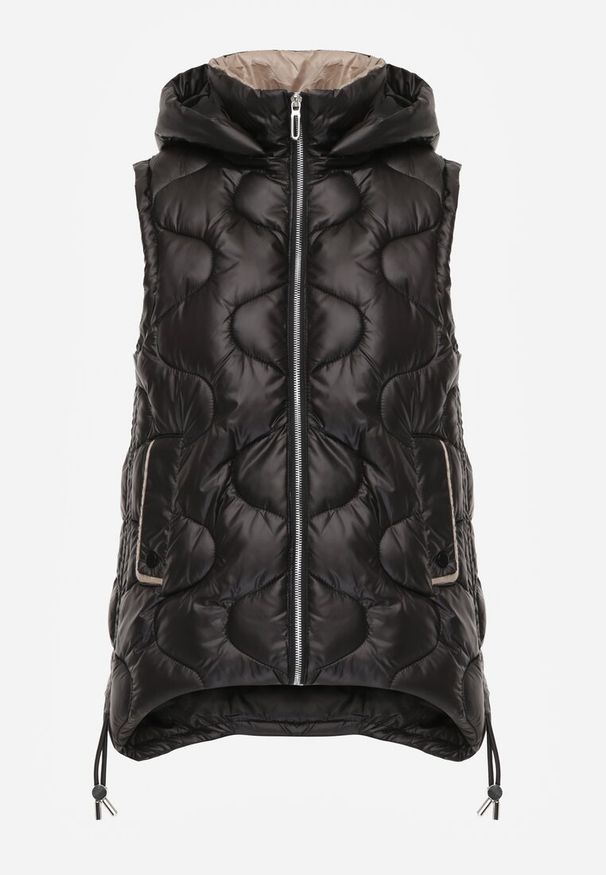 Renee - Czarna Kamizelka z Odpinanym Kapturem Ozdobnie Pikowana Silzeki. Okazja: na co dzień. Kolor: czarny. Materiał: jeans, materiał. Sezon: wiosna, jesień. Styl: elegancki, casual, klasyczny, sportowy