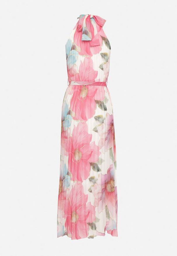 Born2be - Różowa Sukienka z Plisami Wiązaniem i Paskiem z Klamrą Nitenna. Okazja: na co dzień, na imprezę. Kolor: różowy. Długość rękawa: bez rękawów. Typ sukienki: rozkloszowane. Styl: klasyczny, casual, elegancki