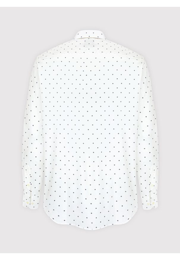 Pako Lorente - PAKO LORENTE – Biała koszula męska w granatowy drobny print. Typ kołnierza: kołnierzyk klasyczny. Kolor: biały, niebieski, wielokolorowy. Materiał: elastan, bawełna. Długość rękawa: długi rękaw. Długość: długie. Wzór: nadruk. Styl: klasyczny