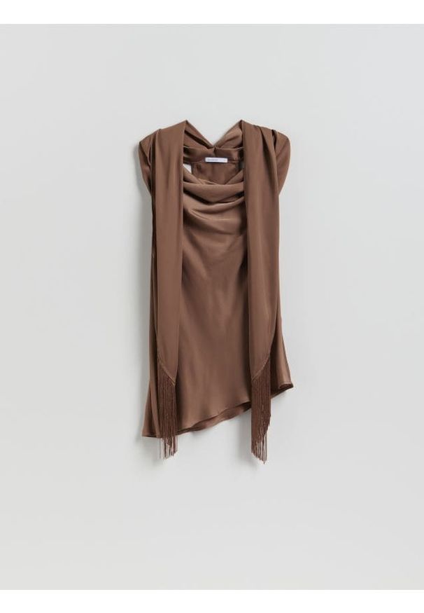 Reserved - Asymetryczna bluzka z szalem - brązowy. Kolor: brązowy. Materiał: tkanina
