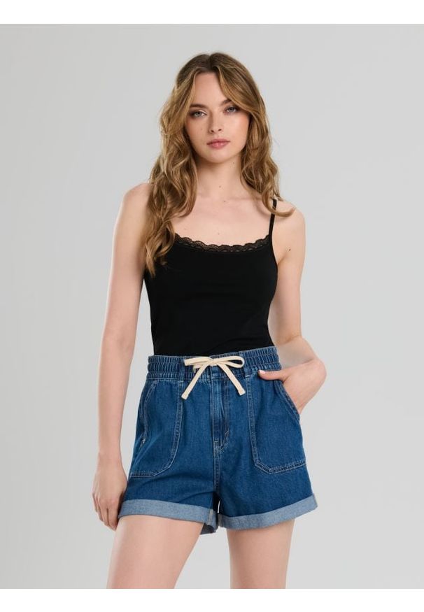 Sinsay - Szorty jeansowe paperbag high waist - niebieski. Stan: podwyższony. Kolor: niebieski. Materiał: jeans