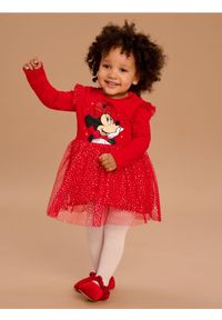 Sinsay - Sukienka z tiulem i brokatowym nadrukiem Minnie Mouse - czerwony. Kolor: czerwony. Materiał: tiul. Wzór: nadruk, motyw z bajki #1
