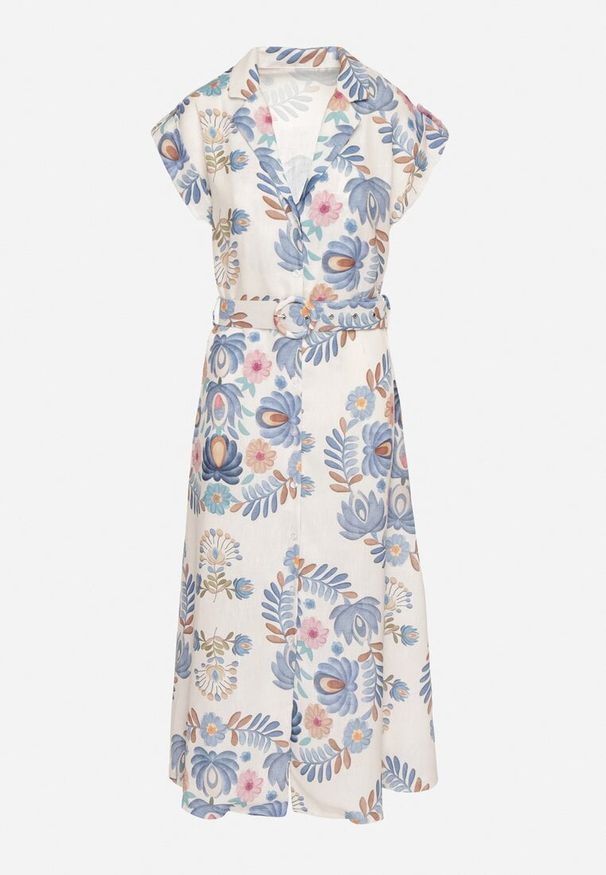 Born2be - Niebieska Sukienka z Wiskozą o Koszulowym Kroju z Paskiem z Klamrą Nitasiela. Okazja: na co dzień. Typ kołnierza: dekolt w kształcie V. Kolor: niebieski. Materiał: wiskoza. Długość rękawa: krótki rękaw. Typ sukienki: koszulowe. Styl: casual, klasyczny