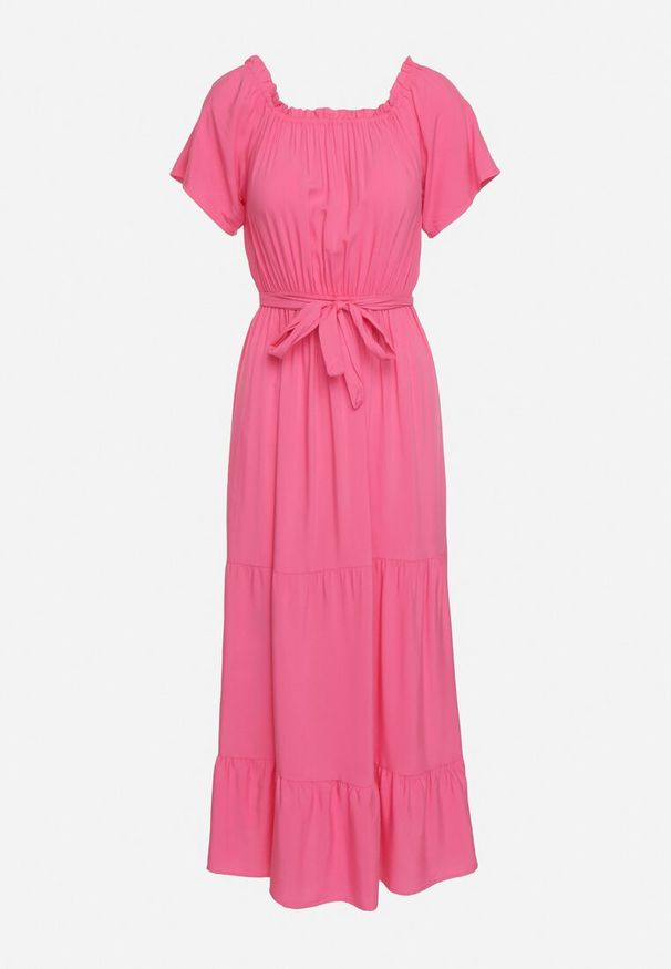 Born2be - Ciemnoróżowa Sukienka z Wiskozy Telephanassa. Typ kołnierza: dekolt hiszpanka. Kolor: różowy. Materiał: wiskoza. Długość rękawa: krótki rękaw. Wzór: gładki. Typ sukienki: rozkloszowane. Długość: maxi