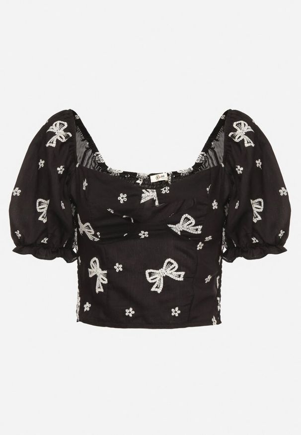 Born2be - Czarna Bluzka Ozdobiona Haftami w Kokardki z Bufiastymi Rękawami Eframara. Typ kołnierza: kokarda. Kolor: czarny. Materiał: jeans. Wzór: aplikacja, haft. Styl: elegancki, klasyczny