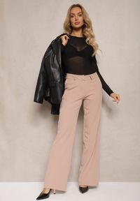 Renee - Beżowe Eleganckie Spodnie Garniturowe o Szerokim Kroju z Kieszeniami Zinolana. Okazja: na co dzień, na spotkanie biznesowe. Kolor: beżowy. Styl: elegancki