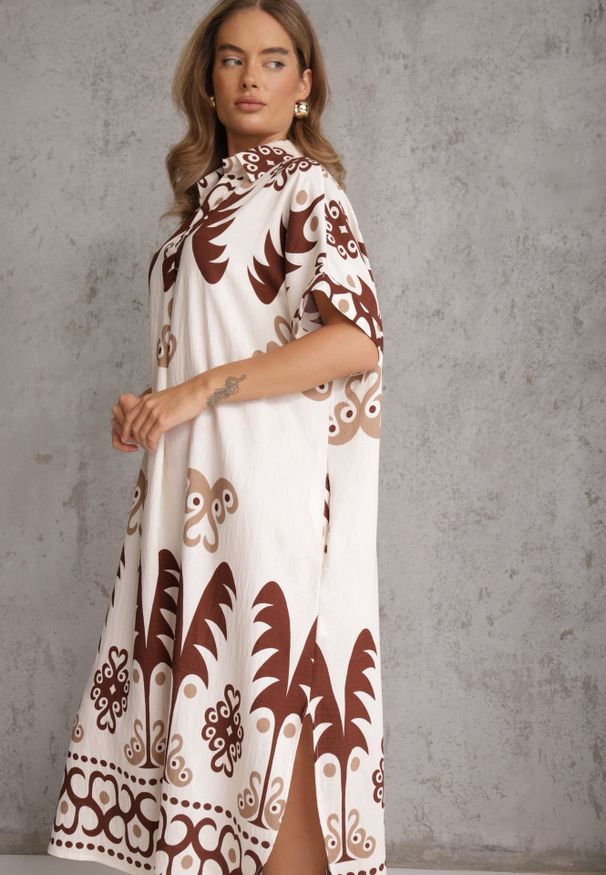 Renee - Brązowa Wiskozowa Sukienka o Kroju Oversize z Geometrycznym Printem Talon. Kolor: brązowy. Materiał: wiskoza. Wzór: geometria, nadruk. Sezon: lato. Typ sukienki: oversize. Styl: elegancki