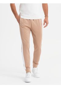 Ombre Clothing - Męskie dresowe spodnie joggery z kontrastowymi lampasami – beżowe V4 OM-PASK-0229 - XXL. Kolor: beżowy. Materiał: dresówka. Wzór: aplikacja. Styl: sportowy, retro #8