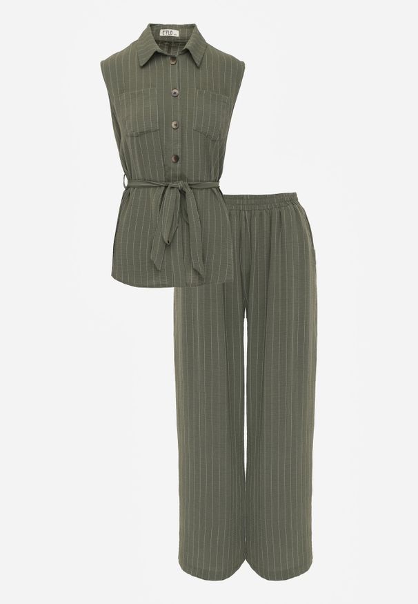 Renee - Ciemnozielony Komplet z Wiskozy Spodnie Wide Leg i Koszula Bez Rękawów z Paskiem Adduin. Kolor: zielony. Materiał: wiskoza