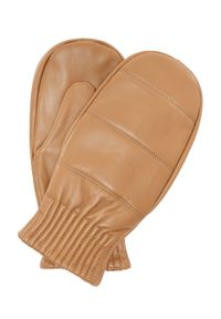 Ochnik - Skórzane rękawiczki damskie na jeden palec. Kolor: beżowy. Materiał: skóra. Wzór: aplikacja #1