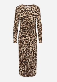 Born2be - Ciemnobeżowa Sukienka w Panterkę z Ozdobnym Węzłem i Rozcięciem Salanthia. Okazja: na co dzień. Kolor: beżowy. Długość rękawa: długi rękaw. Wzór: motyw zwierzęcy. Styl: wizytowy, casual, elegancki #2