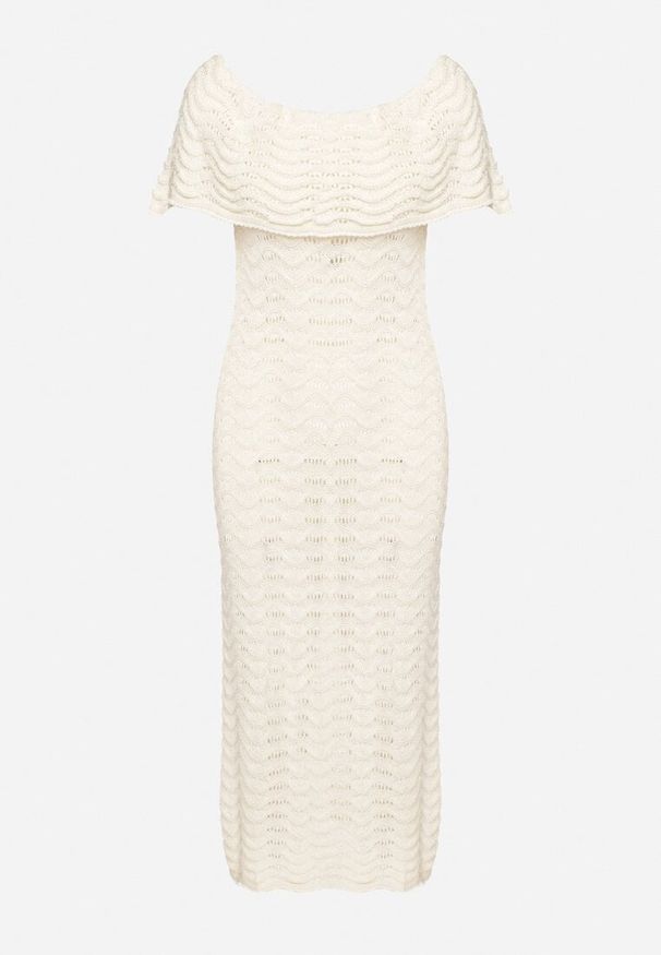 Born2be - Beżowa Ażurowa Sukienka o Fasonie Hiszpanki z Wywijanym Dekoltem Filiorra. Okazja: na co dzień. Typ kołnierza: dekolt hiszpanka. Kolor: beżowy. Materiał: jeans. Wzór: ażurowy. Styl: casual