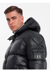 Ombre Clothing - Męska ciepła kurtka puffer ze ściągaczami – czarna V1 OM-JAHP-0207 - XXL. Okazja: na co dzień. Typ kołnierza: kaptur. Kolor: czarny. Materiał: guma, poliester, syntetyk, nylon, materiał, tkanina. Wzór: aplikacja. Sezon: zima. Styl: casual #5