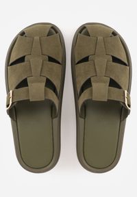 Born2be - Zielone Klapki z Paskami i Kwadratową Sprzączką Olyndar. Okazja: na co dzień. Kolor: zielony. Materiał: jeans. Sezon: lato. Styl: casual #4