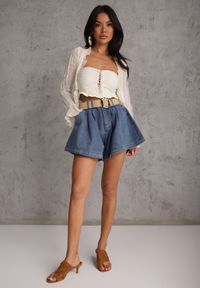 Renee - Granatowe Szorty Jeansowe High Waist z Bawełny z Elastycznym Paskiem Tinreia. Okazja: na co dzień. Stan: podwyższony. Kolor: niebieski. Materiał: bawełna, jeans. Długość: krótkie. Sezon: lato. Styl: casual #6