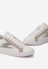 Born2be - Białe Sneakersy na Płaskiej Podeszwie Ozdobione Brokatem Henolia. Kolor: biały. Wzór: aplikacja. Obcas: na płaskiej podeszwie #5
