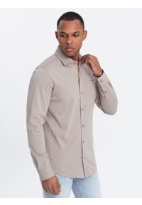 Ombre Clothing - Męska bawełniana koszula REGULAR z dzianiny single jersey - popielata V5 OM-SHCS-0138 - XXL. Kolor: szary. Materiał: bawełna, dzianina, jersey. Wzór: haft, kolorowy #9