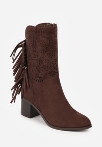 Born2be - Ciemnobrązowe Ażurowe Botki Typu Kowbojki ze Skórzaną Wkładką Ozdobione Frędzlami Ceziva. Okazja: na co dzień. Kolor: brązowy. Materiał: skóra. Wzór: ażurowy, aplikacja. Styl: casual, elegancki, klasyczny #3