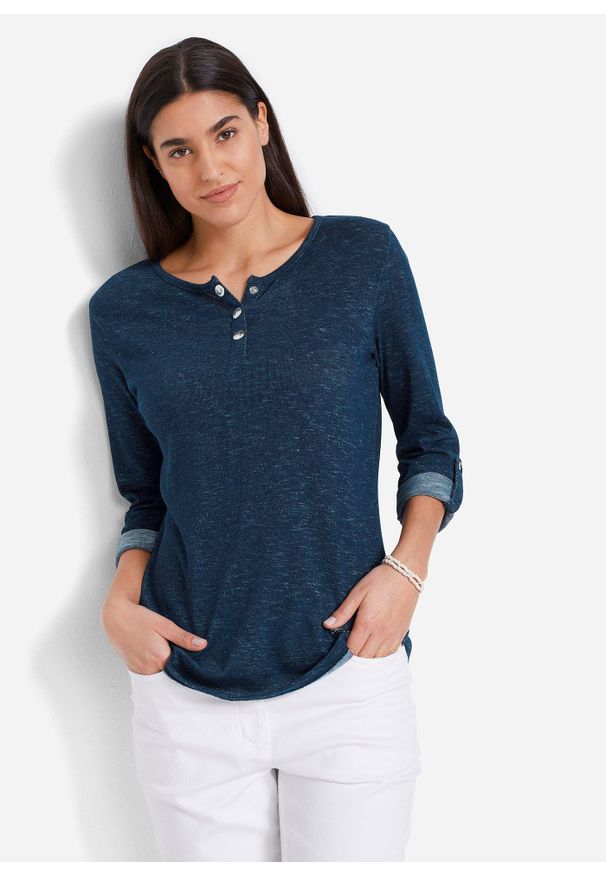 bonprix - Bluzka z długim rękawem i plisą guzikową, z mieszanki bawełny. Typ kołnierza: typu henley. Kolor: niebieski. Materiał: bawełna. Długość rękawa: długi rękaw. Długość: długie