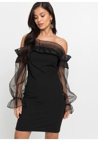 bonprix - Sukienka z dekoltem carmen. Typ kołnierza: typu carmen. Kolor: czarny. Materiał: materiał. Długość: mini #1