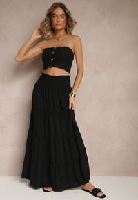 Renee - Czarna Rozkloszowana Spódnica z Gumką w Talii Zdobiona Falbanami Dovinelle. Okazja: na co dzień. Kolor: czarny. Wzór: aplikacja. Styl: casual, elegancki