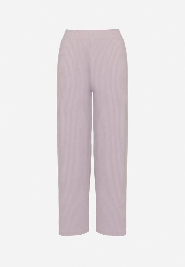 Born2be - Jasnofioletowe Prążkowane Spodnie Szerokie z Gumką w Pasie Drasia. Kolor: fioletowy. Materiał: prążkowany