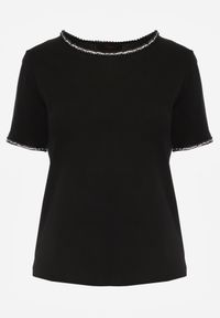 Born2be - Czarny Bawełniany T-shirt z Metaliczną Lamówką przy Dekolcie i Rękawach Ianania. Okazja: do pracy, na co dzień. Kolor: czarny. Materiał: bawełna. Styl: elegancki, klasyczny, casual #2