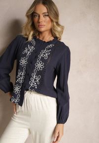 Renee - Granatowa Koszula z Wiskozą Bawełną i Haftem Nalorielle. Okazja: na co dzień. Kolor: niebieski. Materiał: bawełna, wiskoza. Wzór: haft. Styl: elegancki, casual #4